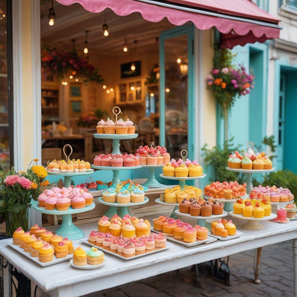 A whimsical café scene filled with colorful pastries, vibrant flowers, and joyful people savoring their treats under a bright sun. A cozy atmosphere with soft pastel colors, a dessert table overflowing with sweets, and laughter among friends capturing blissful moments. super-realistic. vibrant colors. soft focus.