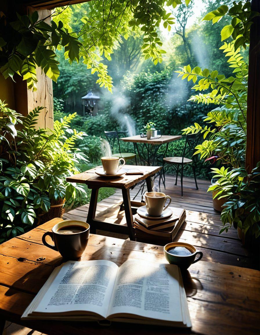 A serene scene depicting a cozy café setting with a steaming cup of coffee and an open book on a wooden table, sunlight filtering through leaves, casting playful shadows. In the background, people are enjoying small joyful moments, like a laughter shared or a warm embrace, with lush greenery surrounding them. The overall atmosphere conveys tranquility and contentment. vibrant colors. soft focus.