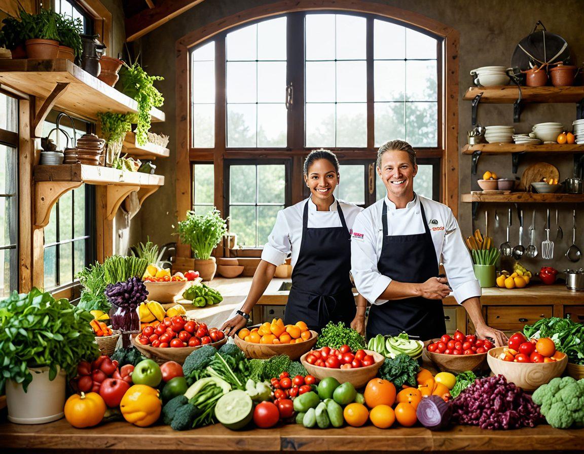 A vibrant kitchen scene filled with colorful fruits and vegetables, a smiling chef enthusiastically cooking, bright sunlight streaming through large windows, aromatic herbs hanging from the ceiling, a lively gathering of friends sharing dishes around a rustic table. super-realistic. warm colors. bright and cheerful atmosphere.